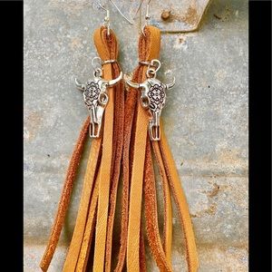 leather tassel earrings, skull earrings, western jewelry, gift, leather earrings